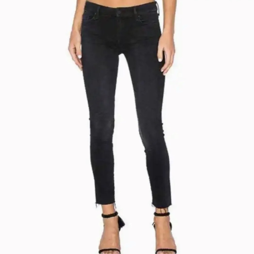 MOTHER Looker Ankle Fray Jeans Raw Edge Hem Blackbird Black Womens 29